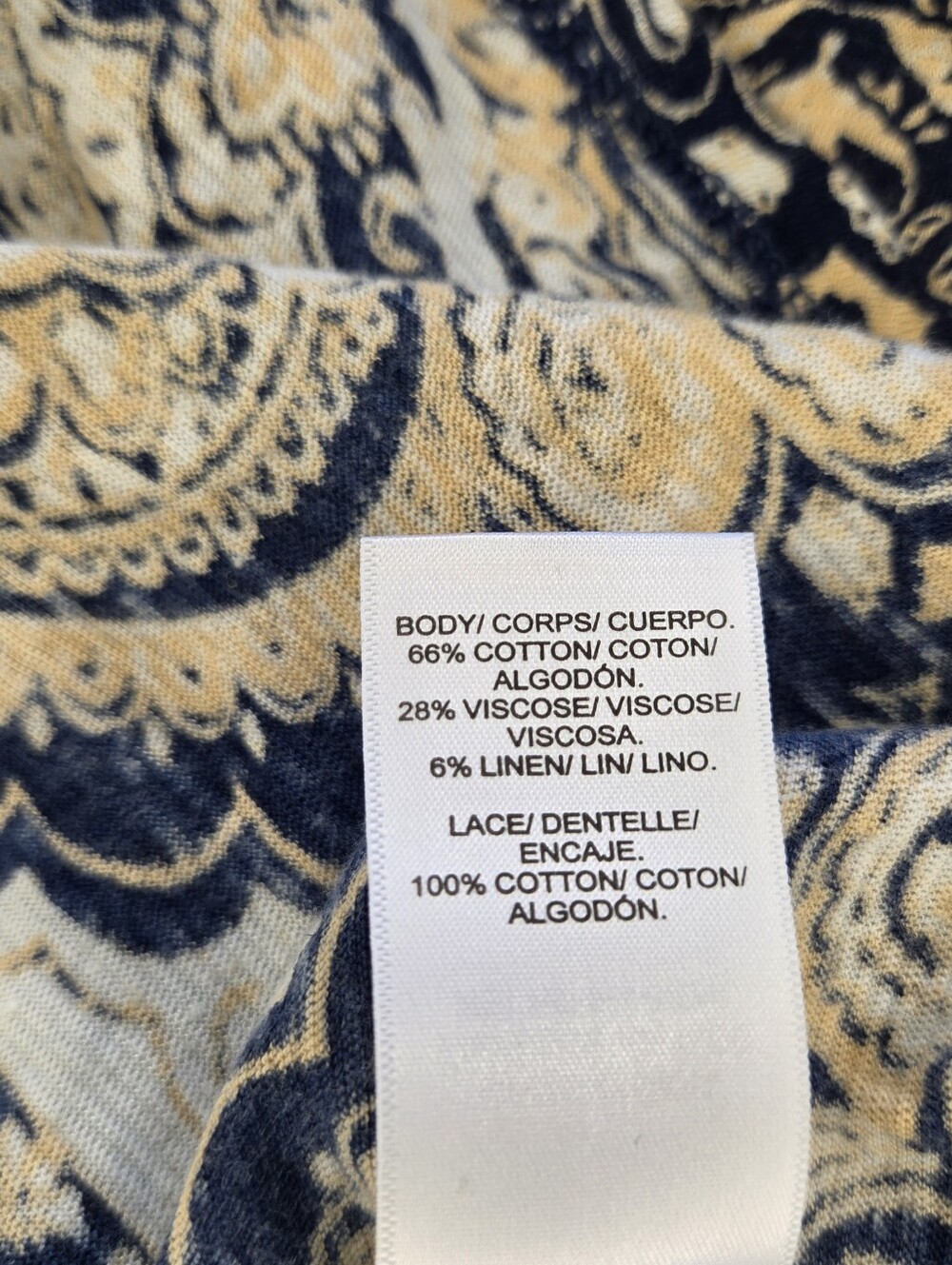 Lucky Brand M Medium Boho Paisley Tie-Neck Peasant Blouse - Navy/Cream - Picture 7 of 7